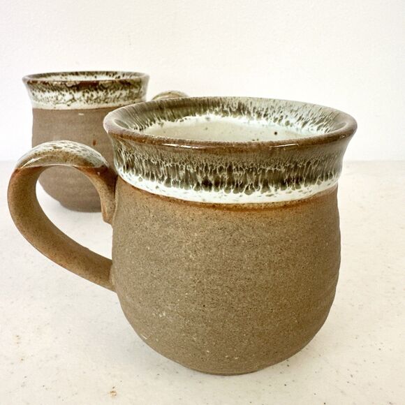 Set Of Two Dipped Spotted Glaze STONEWARE Mugs Pottery Rustic - Picture 4 of 11